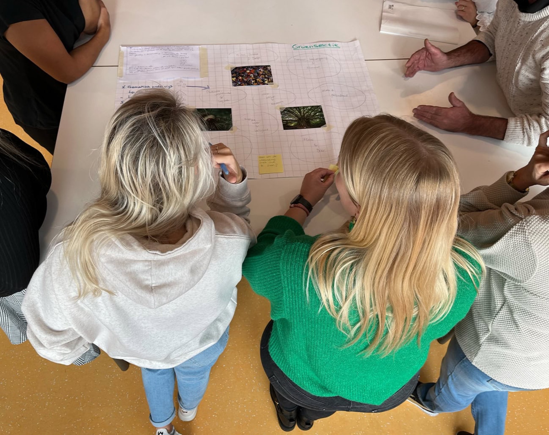 Deelnemers bespreken samen een onderwijsontwerp op een groot vel papier