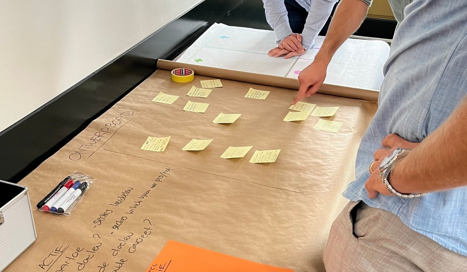 Docenten ordenen samen de inhoud van hun onderwijs op een groot vel papier